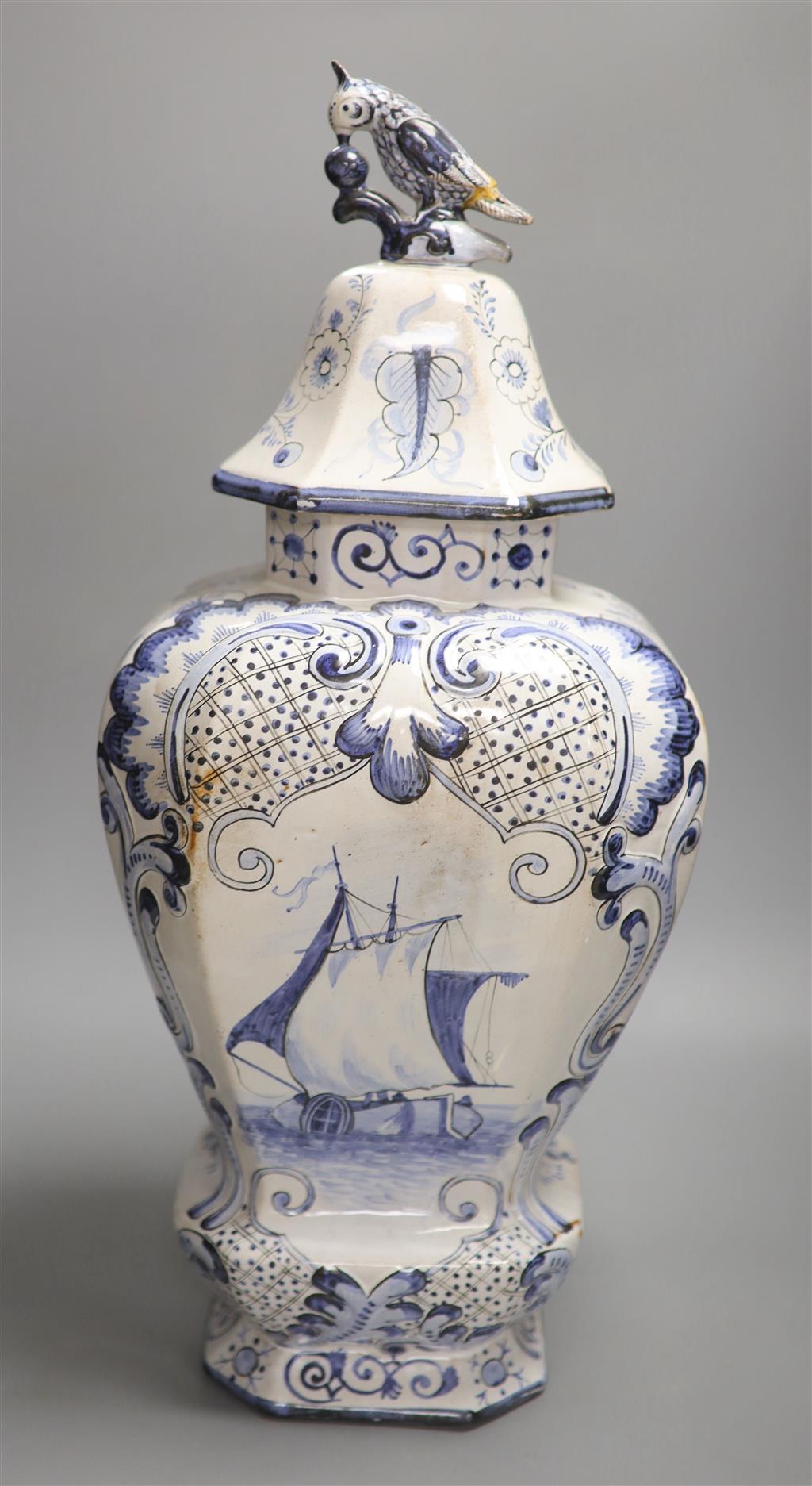 A large Delft vase and cover, height 60cm